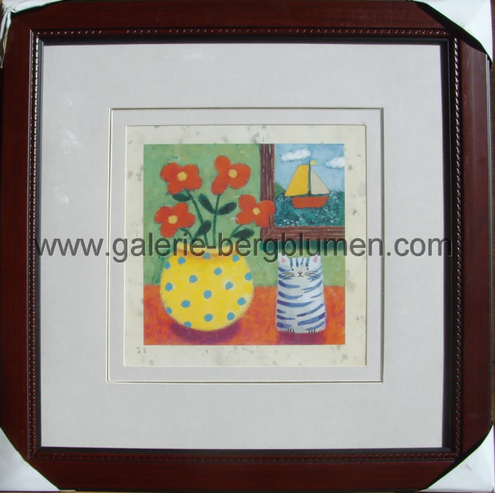 Kunstdruck - 
                                Tisch mit gelber und blauen gepunktet Vase, in der 4 rote Blimen sind. Daneben eine blauweisse Katze - H/B 45cm/45cm