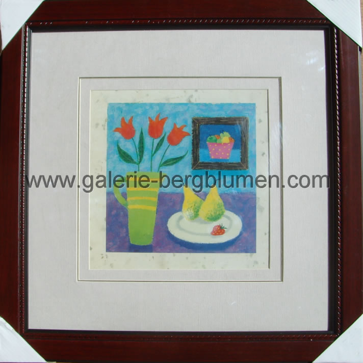 Kunstdruck - 
                                Tisch mit Vase, in der 3 rote Tulpen sind. Daneben ein Teller mit 2 Birnen und einer Erdbeere - H/B 45cm/45cm