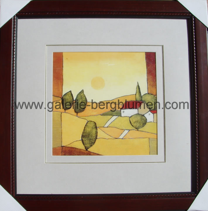 Kunstdruck - 
                                Sommerlandschaft mit ein Paar Häuser und Bäumen, sowie gelbgoldenen Feldern - H/B 45cm/45cm