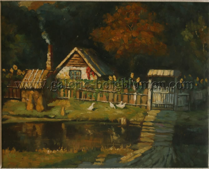 Gemälde - 
                                Kleines Bauerngehöft am Waldrand - H/B 41cm/51cm