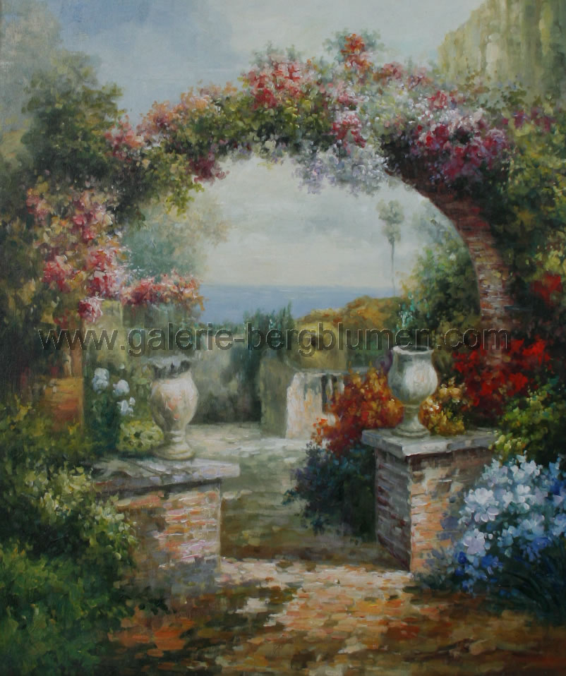 Gemälde - 
                                Garten und Terrasse mit Blumenbogen - H/B 61cm/52cm