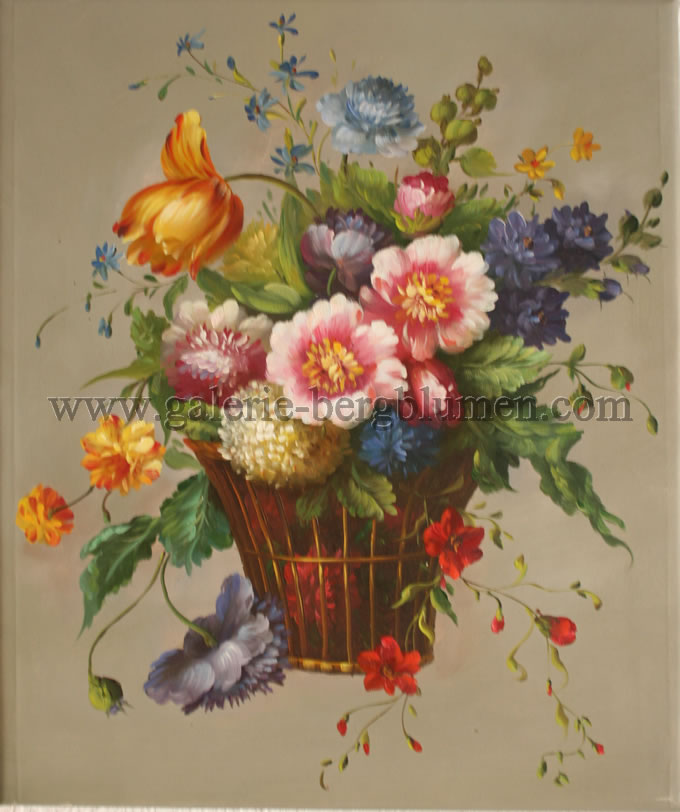 Gemälde - 
                                Frühlingsstrauß in Weidenkorb - H/B 50cm/42cm