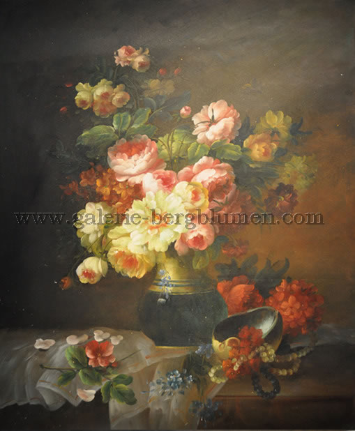 Gemälde - 
                                Pfingsrosenstrauss in goldblauer Vase - H/B 63cm/53cm