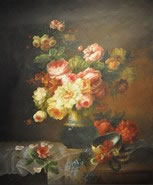 Gemälde - 
                            	Pfingsrosenstrauss in goldblauer Vase - H/B 63cm/53cm