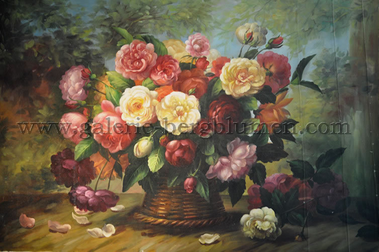 Gemälde - 
                                Pfingsrosenstrauß in Weidenkorb - H/B 60cm/90cm