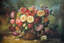 Gemälde - 
                            	Pfingsrosenstrauß in Weidenkorb - H/B 60cm/90cm