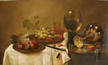 Gemälde - 
                            	Tischchen mit Obst- und Weinresten nach Gelage - H/B 60cm/100cm