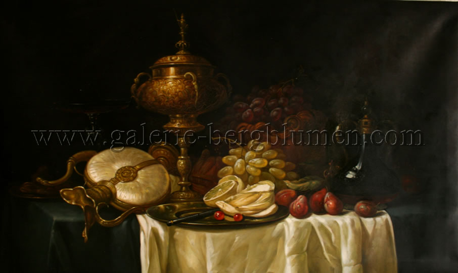 Gemälde - 
                                Tisch nach Gelage mit Obst und leeren Amphora - H/B 60cm/100cm