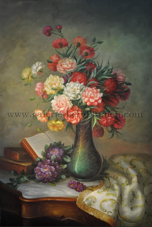 Gemälde - 
                                Pfingsrosenstrauä; in grünbrauner Vase mit Bücher - H/B 90cm/60cm
