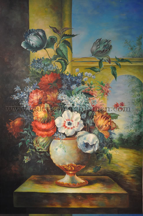 Gemälde - 
                                Bunter Strauß in weißgoldener Vase auf Sockel - H/B 90cm/60cm