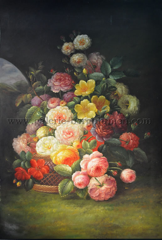 Gemälde - 
                                Gem�lde - Blumenstrauß im Korb auf der Erde stehend - H/B 90cm/60cm