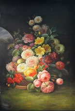 Gemälde - 
                                Gem�lde - Blumenstrauß im Korb auf der Erde stehend - H/B 90cm/60cm