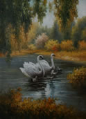 Gemälde - Schwäne auf einen Teich - H/B 72cm/52cm