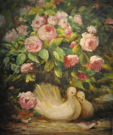 Gemälde - 
                                Taubenpaar unter Pfingstrosenstrauch - H/B 62cm/51cm